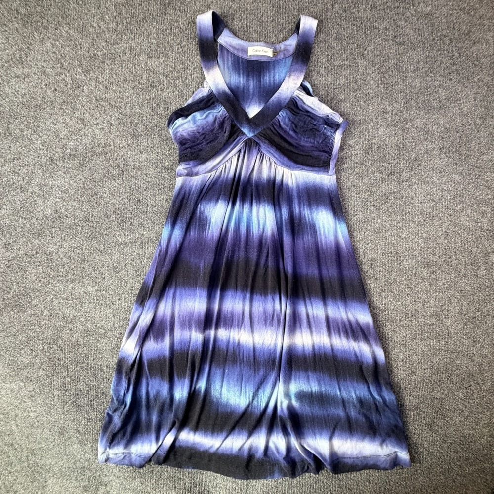 Calvin Klein Sun‎ Dress Womens 8 Purple Black Tie Dye V Neck Pleated Sleeveless